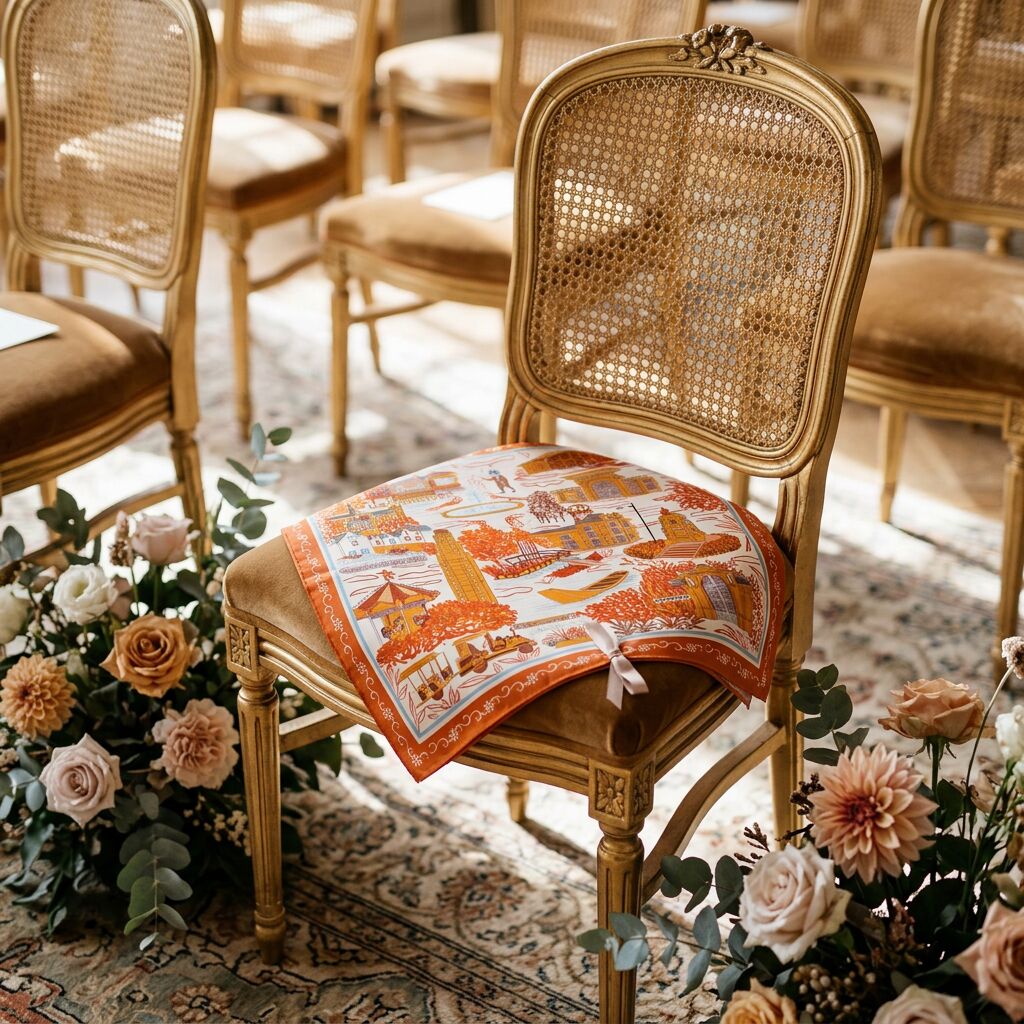 Foulard sur-mesure illustré posé sur une chaise de cérémonie fleurie