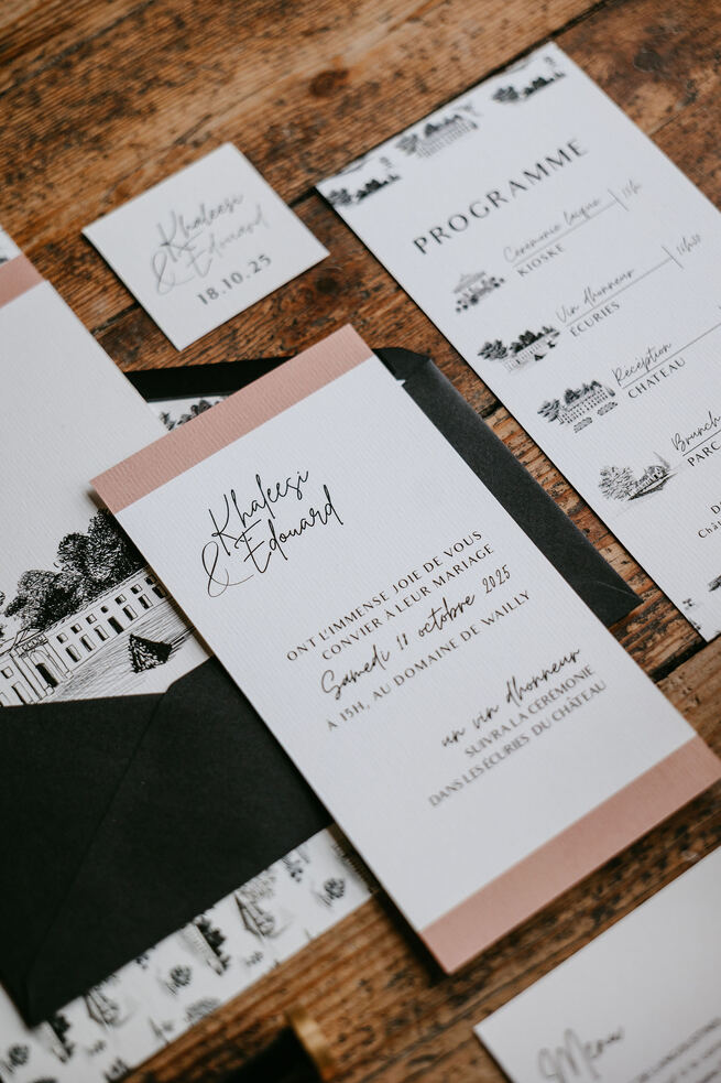 Papeterie de mariage illustrée imprimée localement, certifiée Imprim&rsquo;Vert